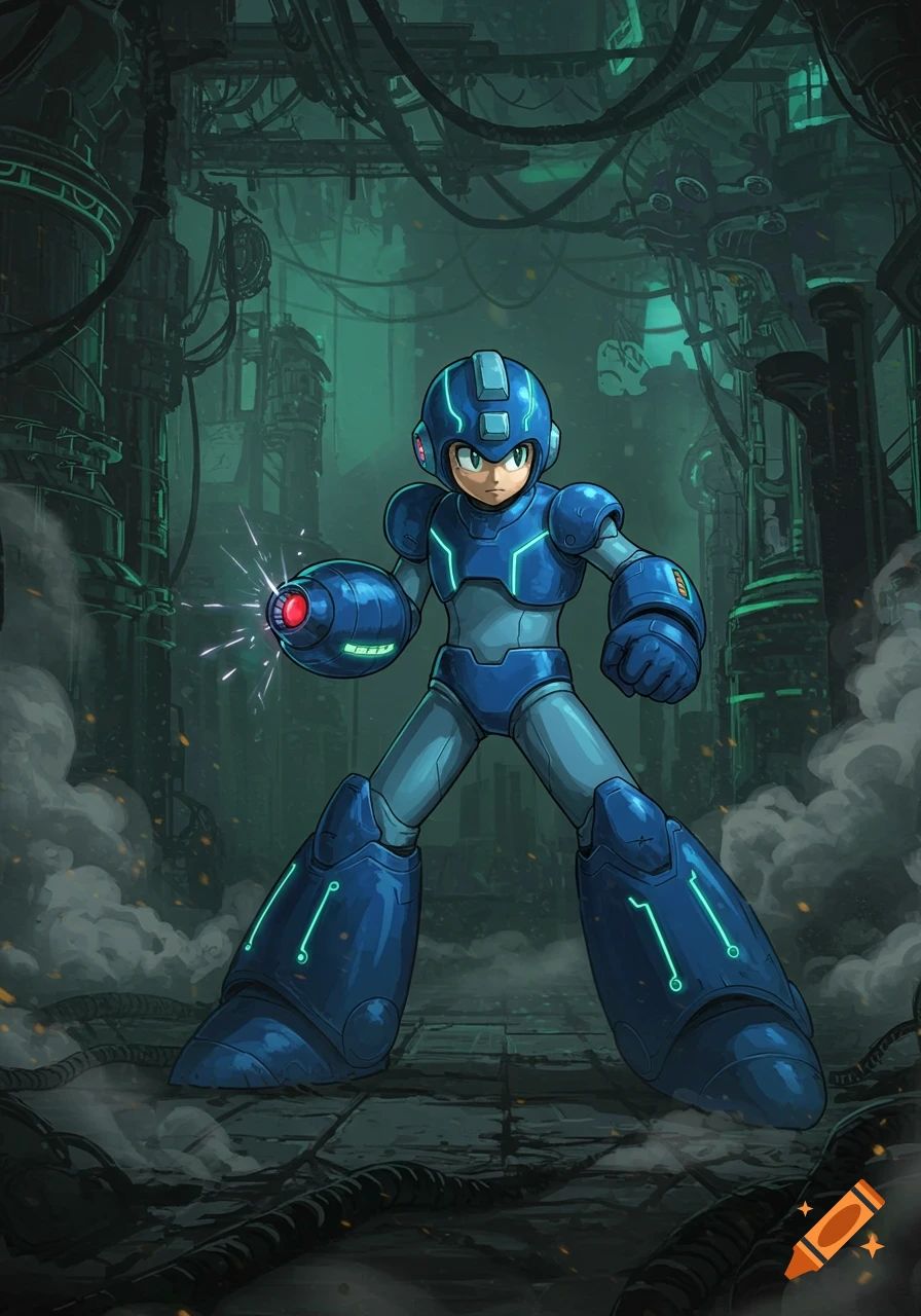Mega Man standing in a dark, industrial sci-fi environment, charging his arm cannon, in a detailed comic book style.