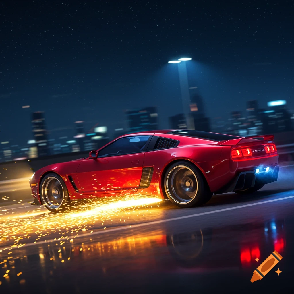 A red sports car speeds through a city at night, leaving a trail of sparks. Photorealistic style.