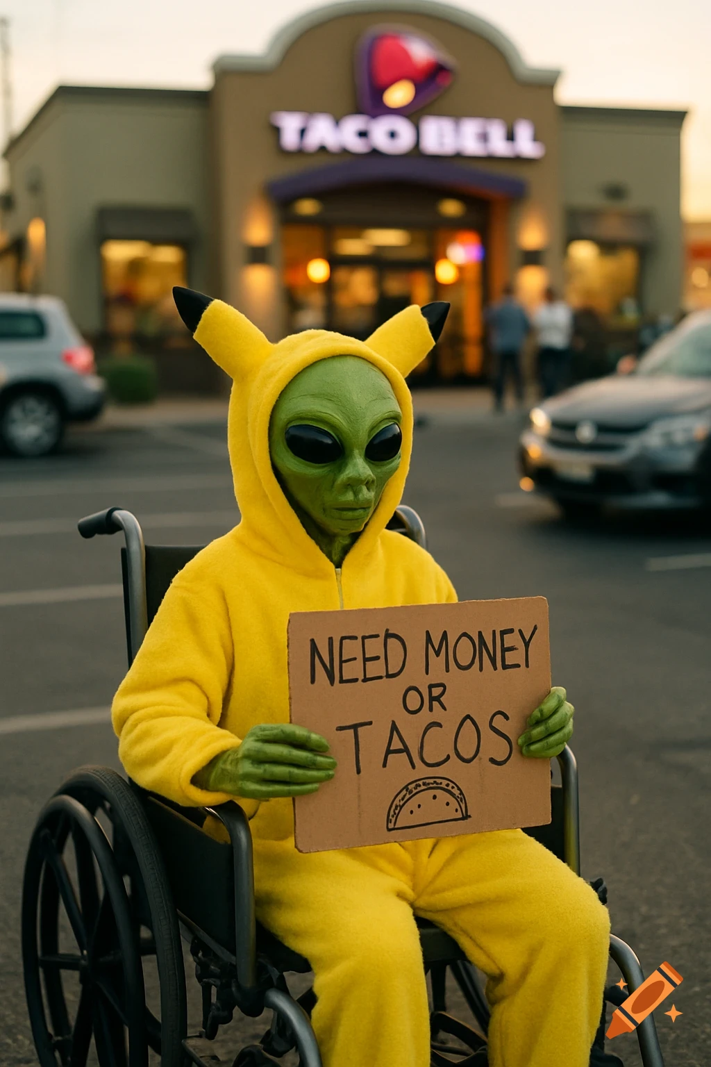 Photorealistic image of a green alien in a yellow Pikachu costume sitting in a wheelchair outside Taco Bell, holding a sign that reads 'NEED MONEY OR TACOS'.