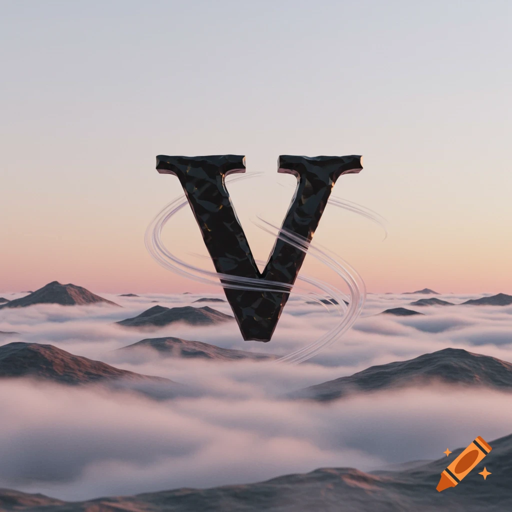 A textured, dark letter V floating above clouds and mountains at sunset, with abstract swirls around it.