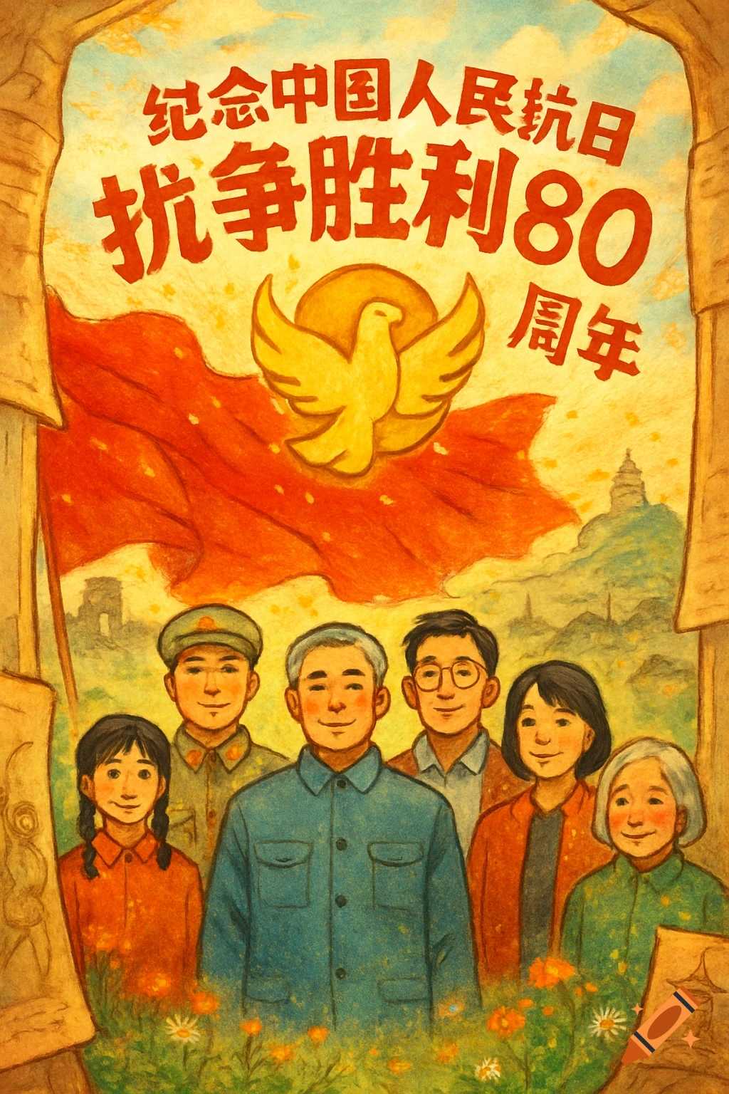A painted commemorative poster depicting Chinese people, a red flag, and a dove, with text '80th Anniversary of Victory'.