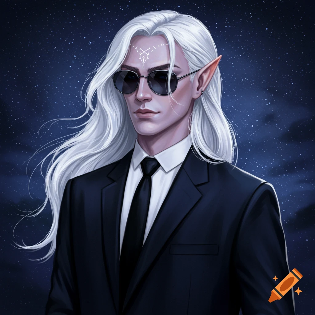 Pale-skinned, white-haired male elf with pointy ears, sunglasses, and a black suit against a starry sky.