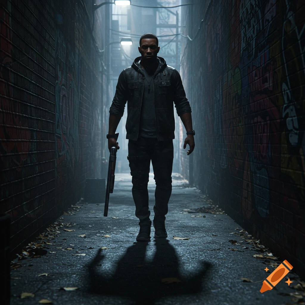 A man in a dark alley holds a shotgun, surrounded by graffiti, with dramatic lighting and strong shadows, cinematic style.