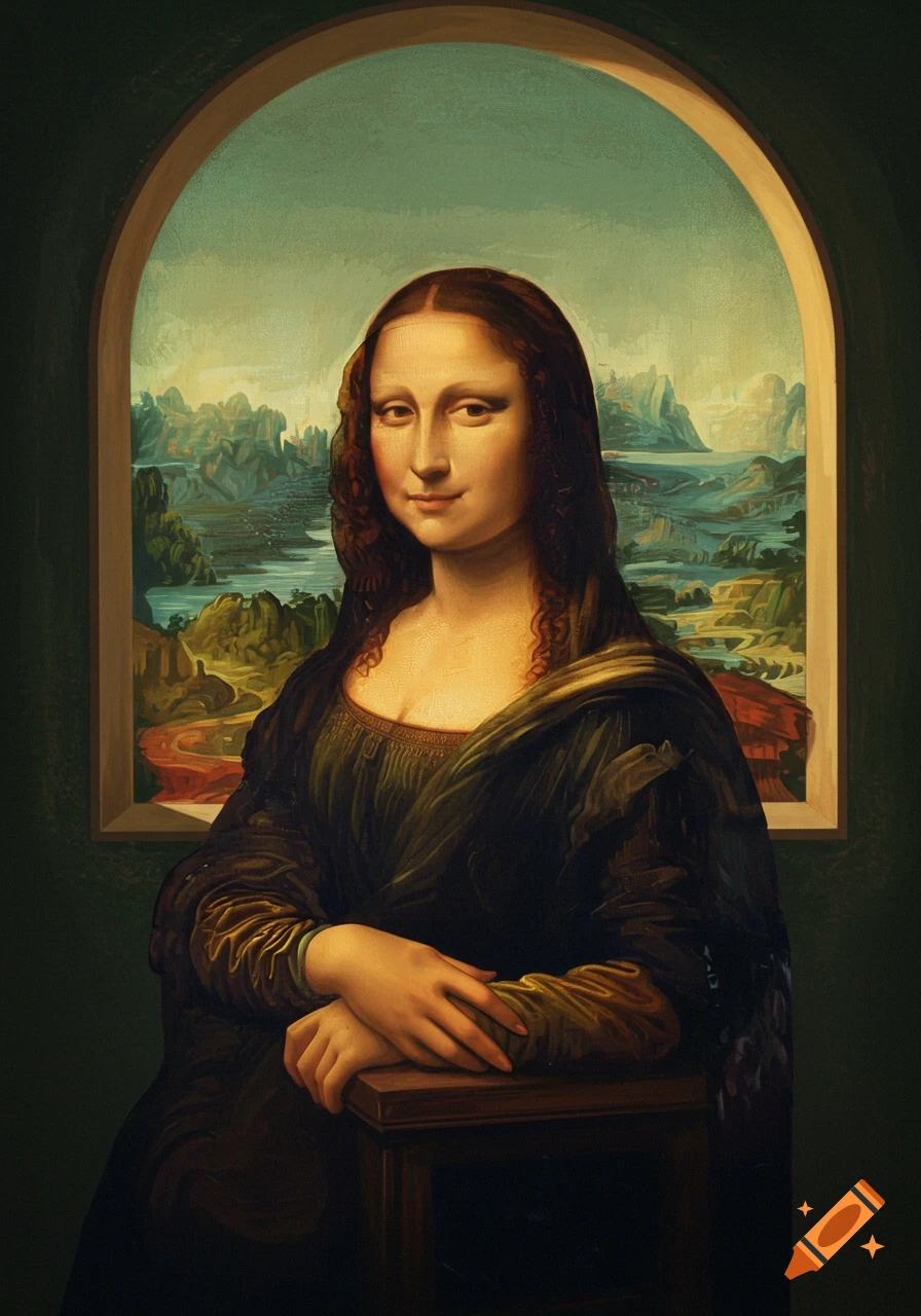 A portrait of Mona Lisa with her hands crossed, sitting in front of an arched window looking out to a landscape.