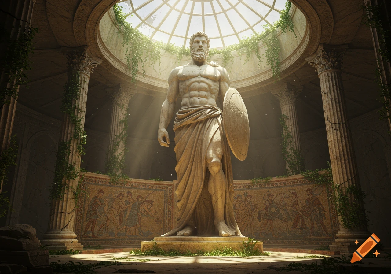 A classical male stone statue with a shield stands in a sunlit, overgrown ancient temple with mosaic walls and a domed skylight.