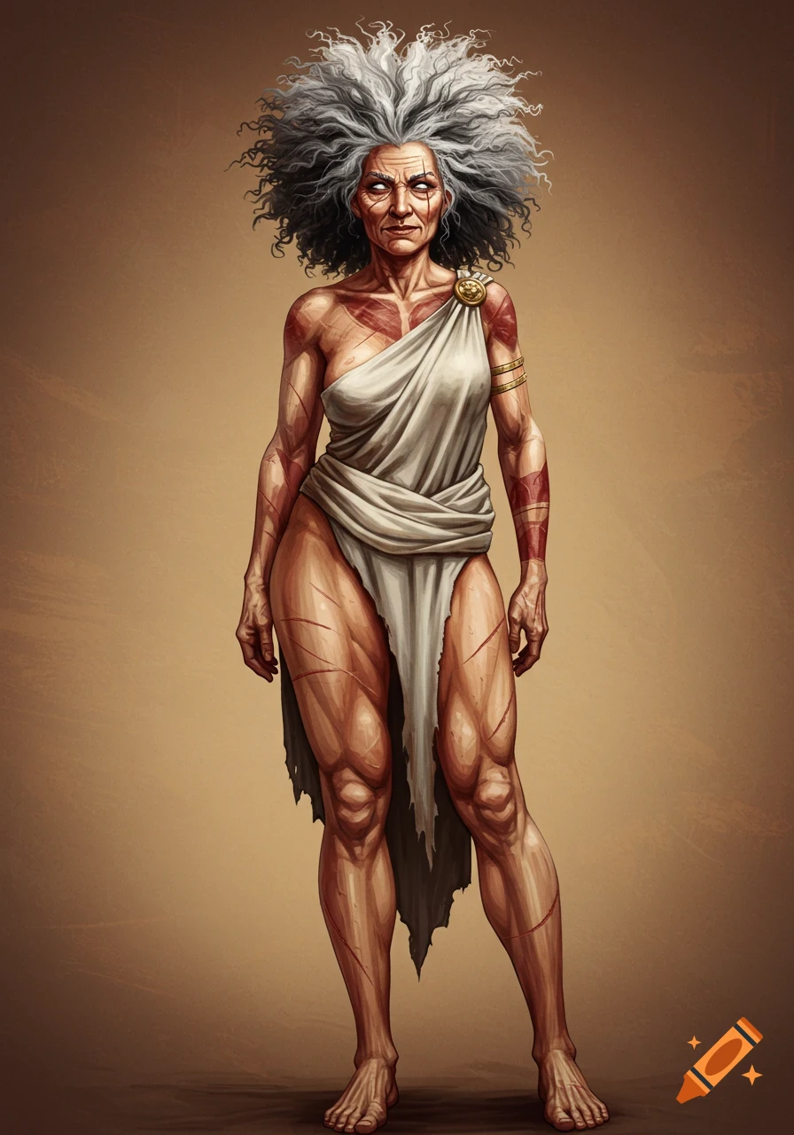 An old, scarred woman with wild white hair and a regal demeanor, standing in a flowing white toga-like dress.