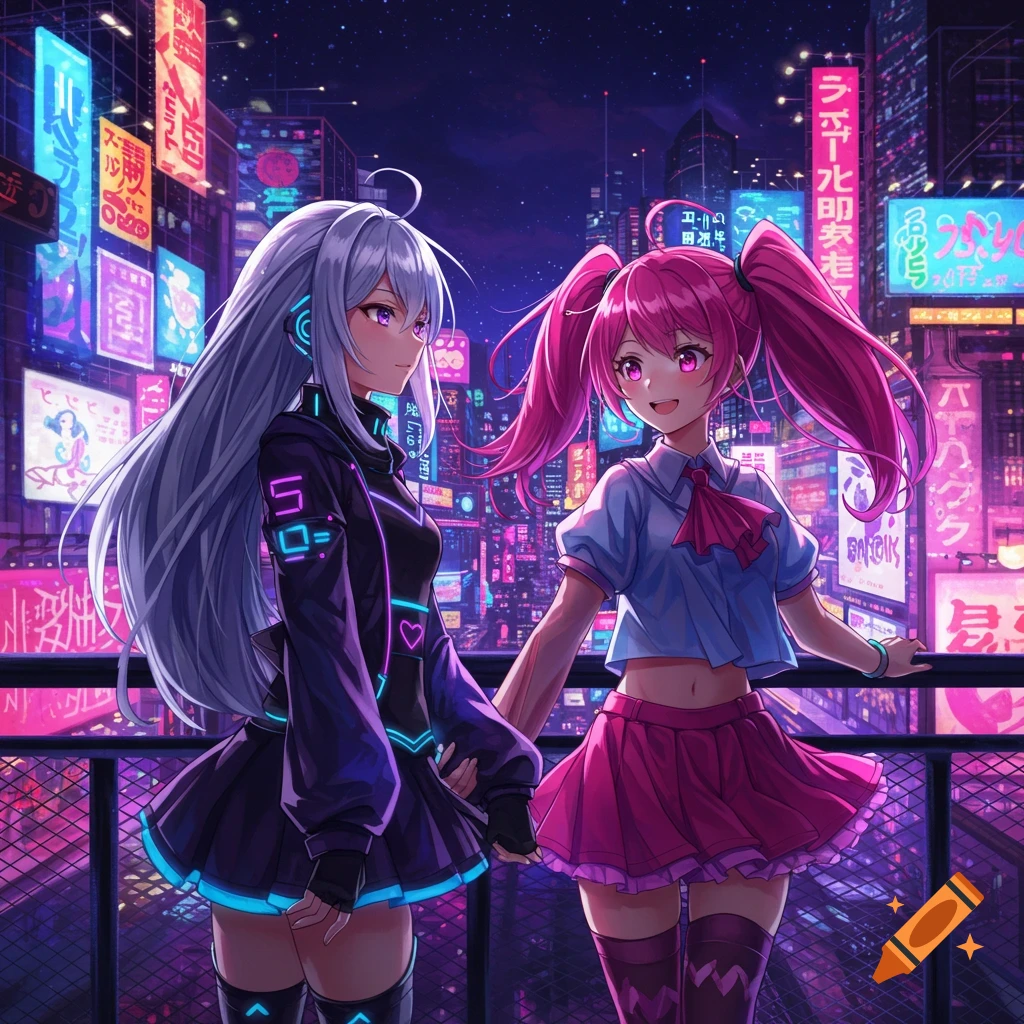 Two anime girls with long hair stand on a bridge overlooking a vibrant, neon-lit cyberpunk city at night.