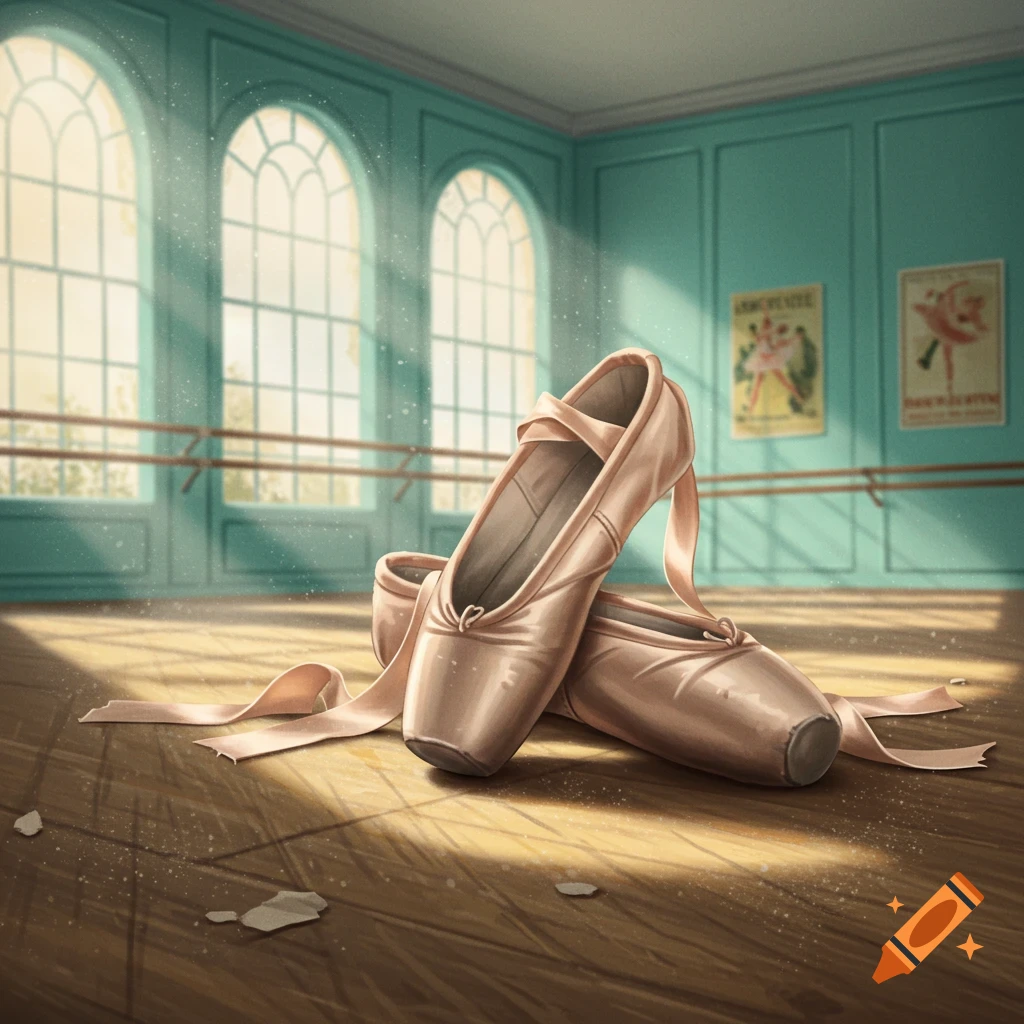 Close-up of pink pointe ballet shoes on a wooden floor in a sunlit dance studio with arched windows and barres.