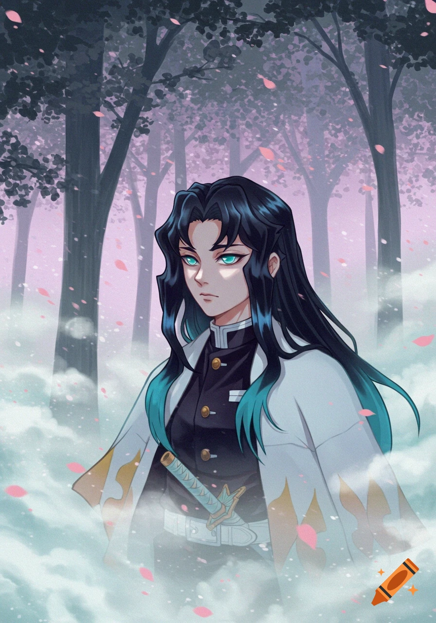 An anime character with long dark blue hair and turquoise eyes, wearing a black uniform and white haori with flame patterns, stands in a misty forest with pink petals.