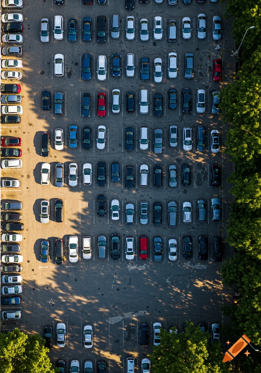 Aerial view of a sunlit parking lot filled with many cars, bordered by lush green trees.
