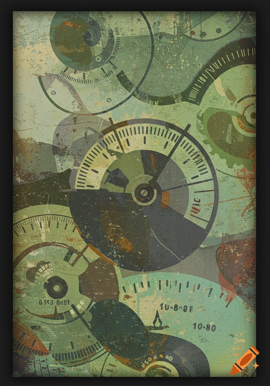 Abstract collage monoprint featuring layered, textured green, gray, and brown dials, gauges, and odometer-like elements in a grunge style.