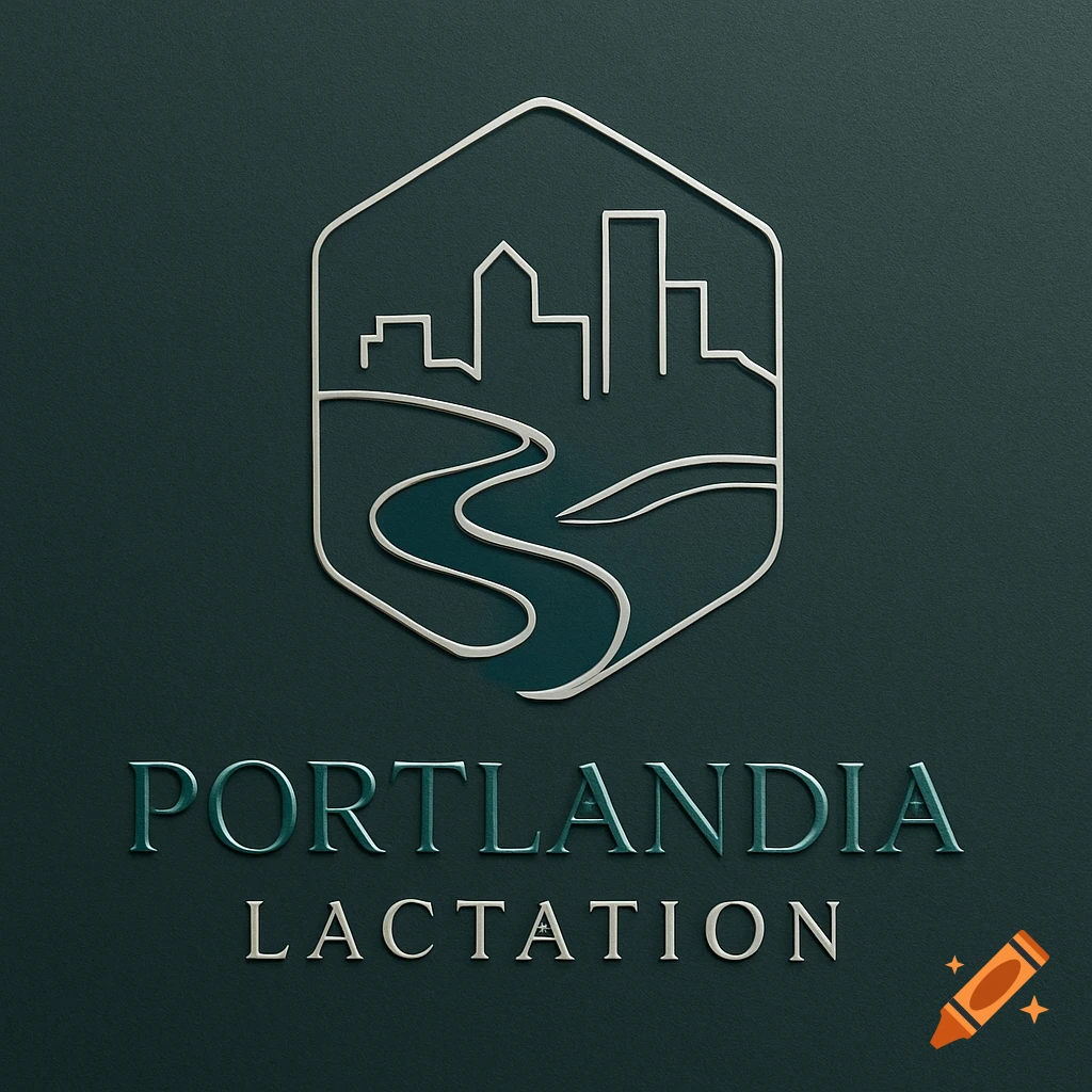 Minimalist hexagonal logo with city skyline and river outline on a dark green background. Text reads 'PORTLANDIA LACTATION'.
