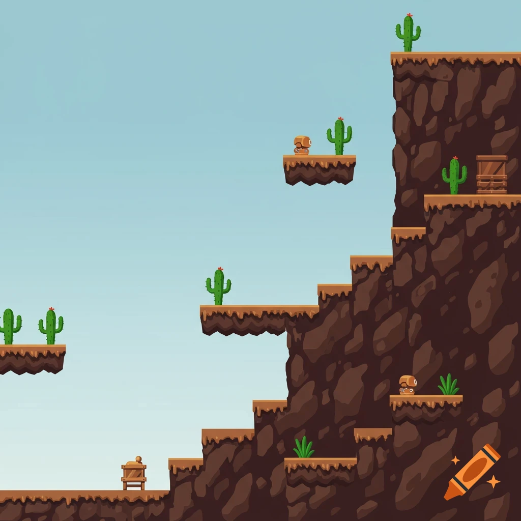 Pixel art video game level design featuring brown cliff platforms, green cacti, and wooden crates under a light blue sky, in an early SNES style.