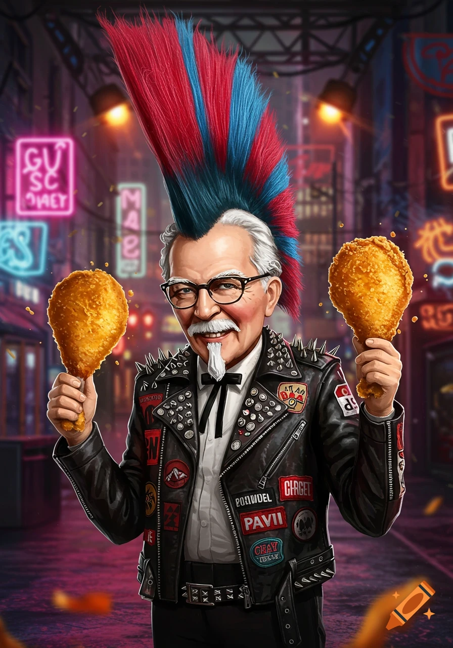 Colonel Sanders in punk rock style, with a red, white, and blue mohawk and a spiked leather jacket, happily holding two fried chicken drumsticks in a neon-lit city street.