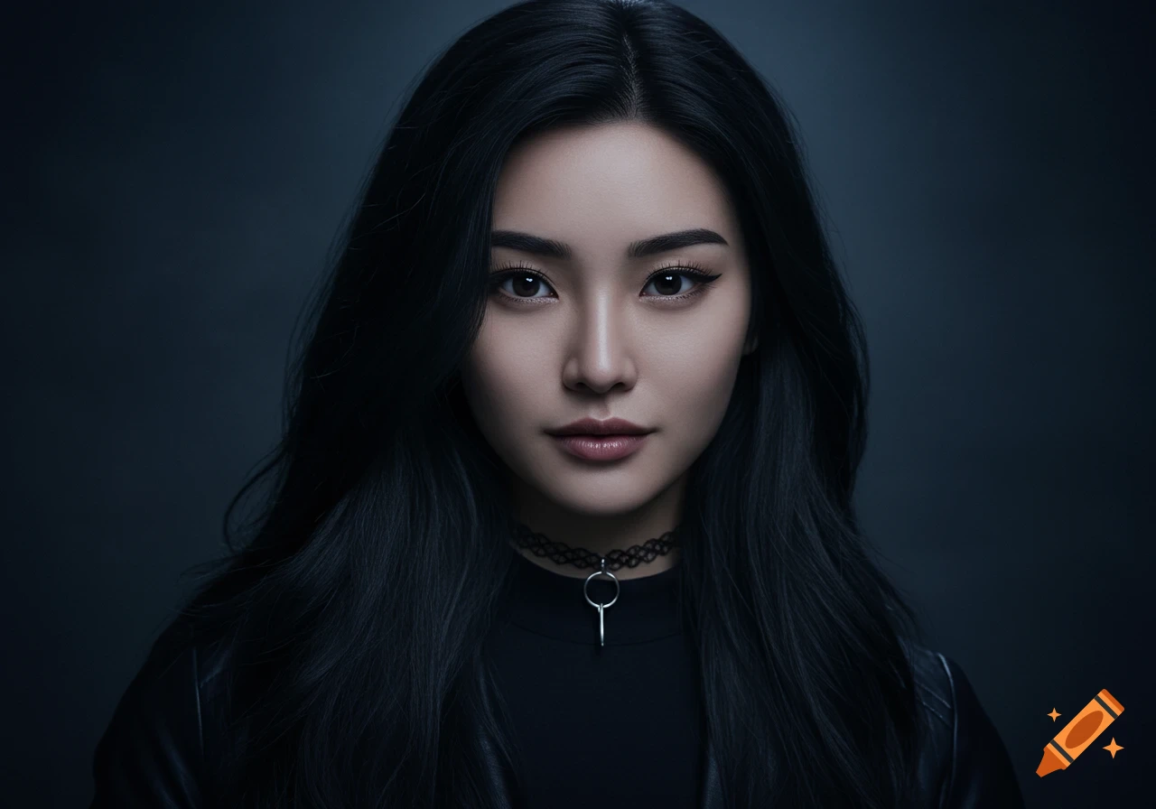 Photorealistic portrait of a young woman with long black hair, black top, and a choker, on a dark moody background.