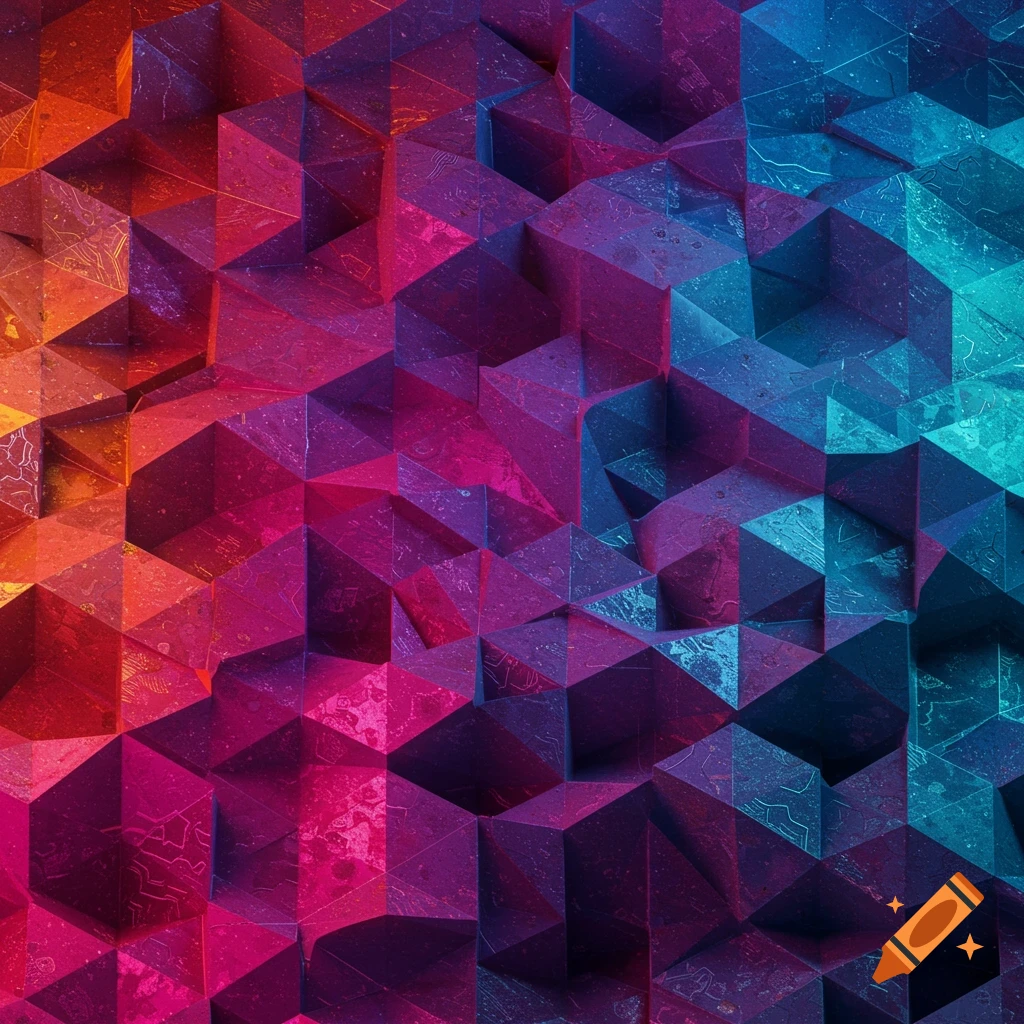 Vibrant abstract geometric pattern with triangular and cubic shapes, transitioning from orange/red to purple/teal, intricate textures.