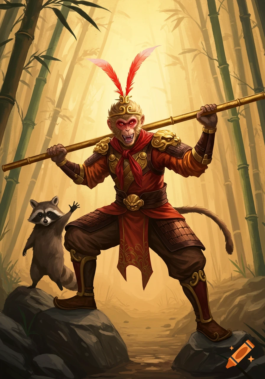 Sun Wukong in red and gold armor with a staff, standing with a raccoon in a bamboo forest, digital art style.