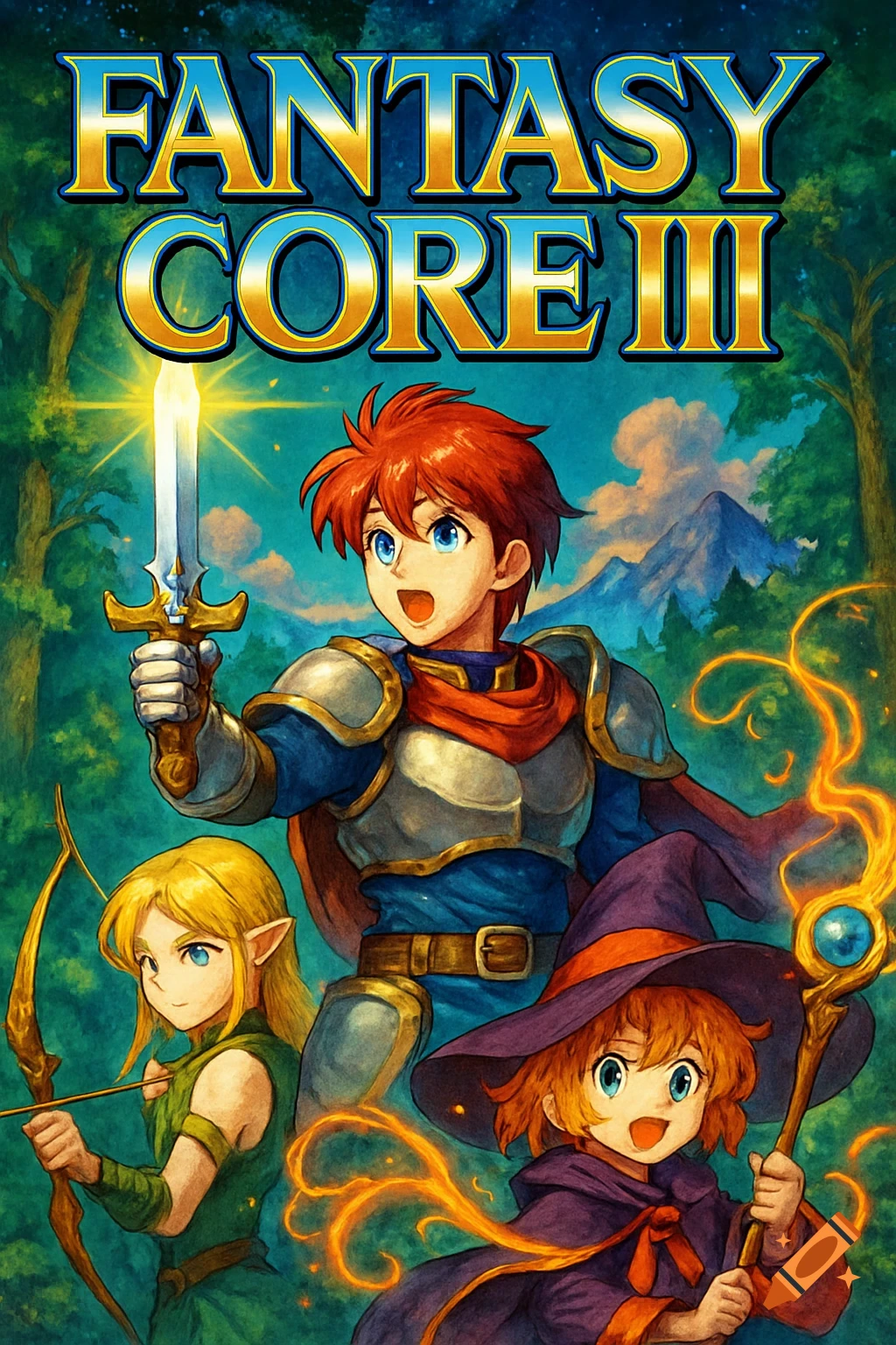 Fantasy Core III title art with a red-haired knight, elven archer, and child mage in a vibrant 90s JRPG anime style.