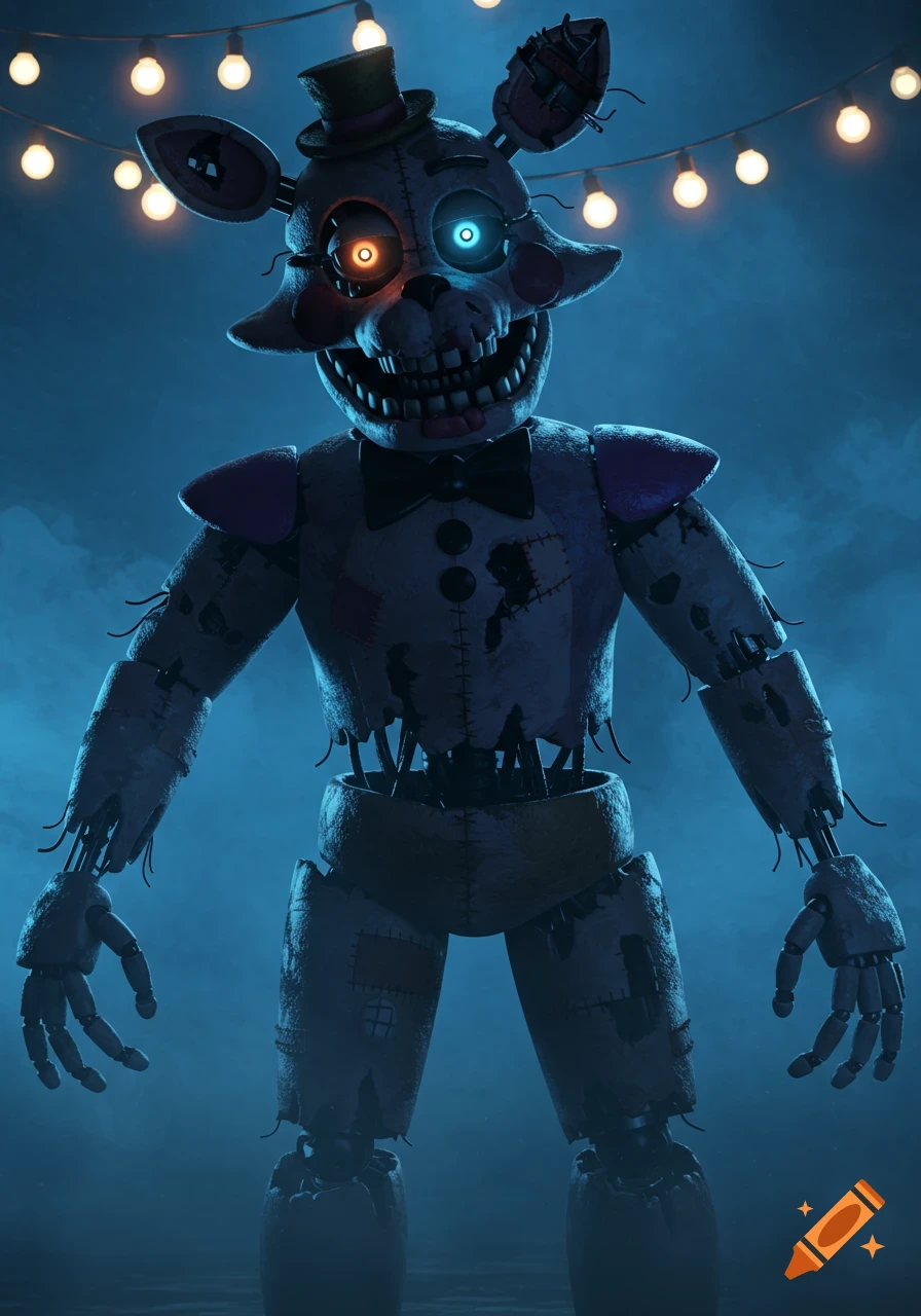 A spooky animatronic fox with glowing orange and blue eyes, wearing a top hat and bowtie, stands in a misty, dark environment under string lights.