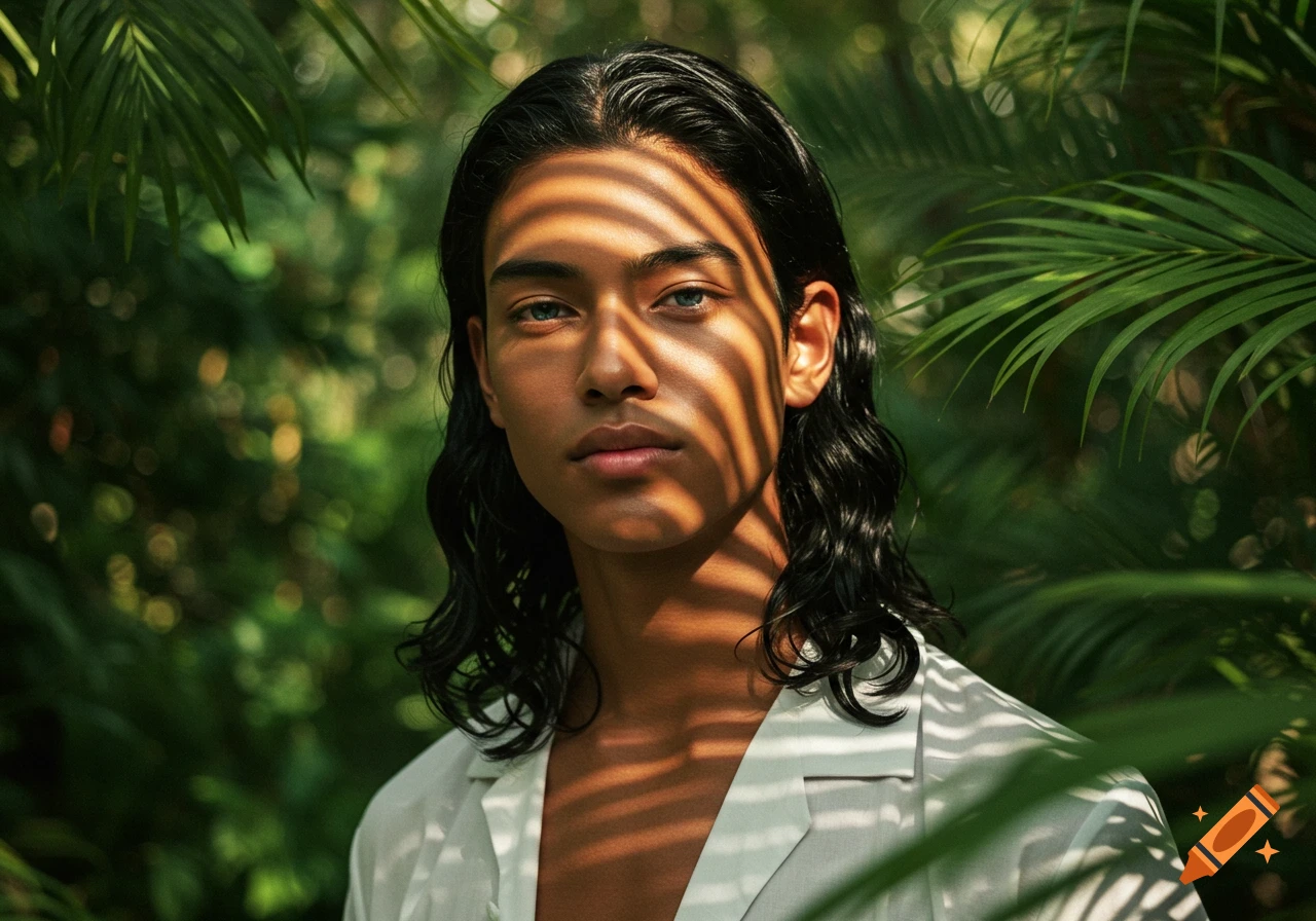 A young man with long black hair and tan skin, with blue eyes, stands in a lush jungle, striped shadows falling across his face and body.
