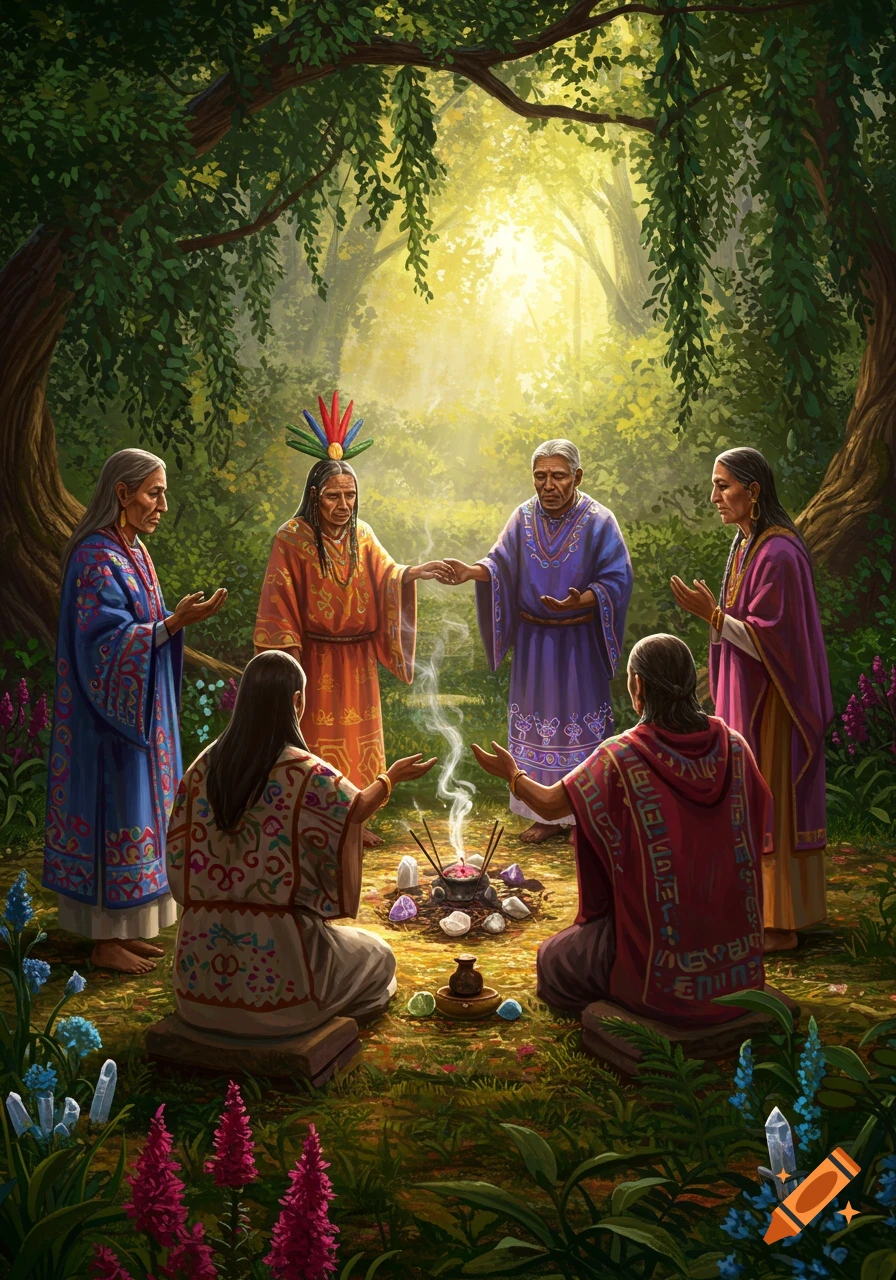 Indigenous people in colorful robes perform a spiritual ritual with smoking herbs and crystals in a sunlit forest.