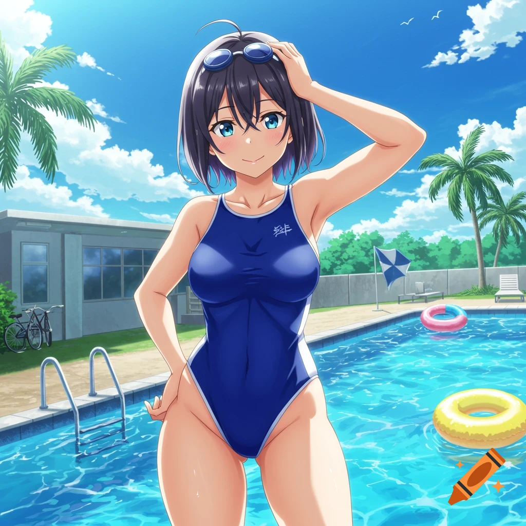 Anime girl in a blue one-piece swimsuit poses by a sunny outdoor swimming pool with palm trees.