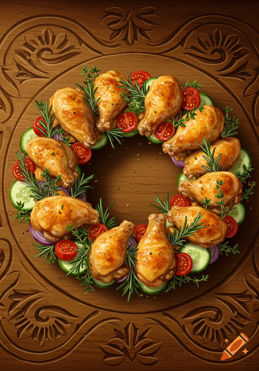 Roasted chicken wreath with vegetables and herbs on a carved wooden table.
