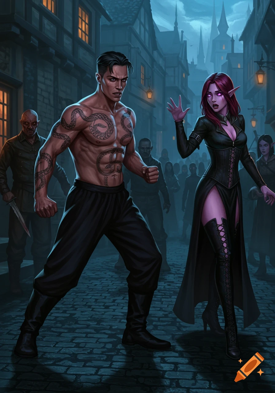 A muscular man with snake tattoos and an elf woman with pink skin and eyes confront figures in a dark, cobblestone alley at night.