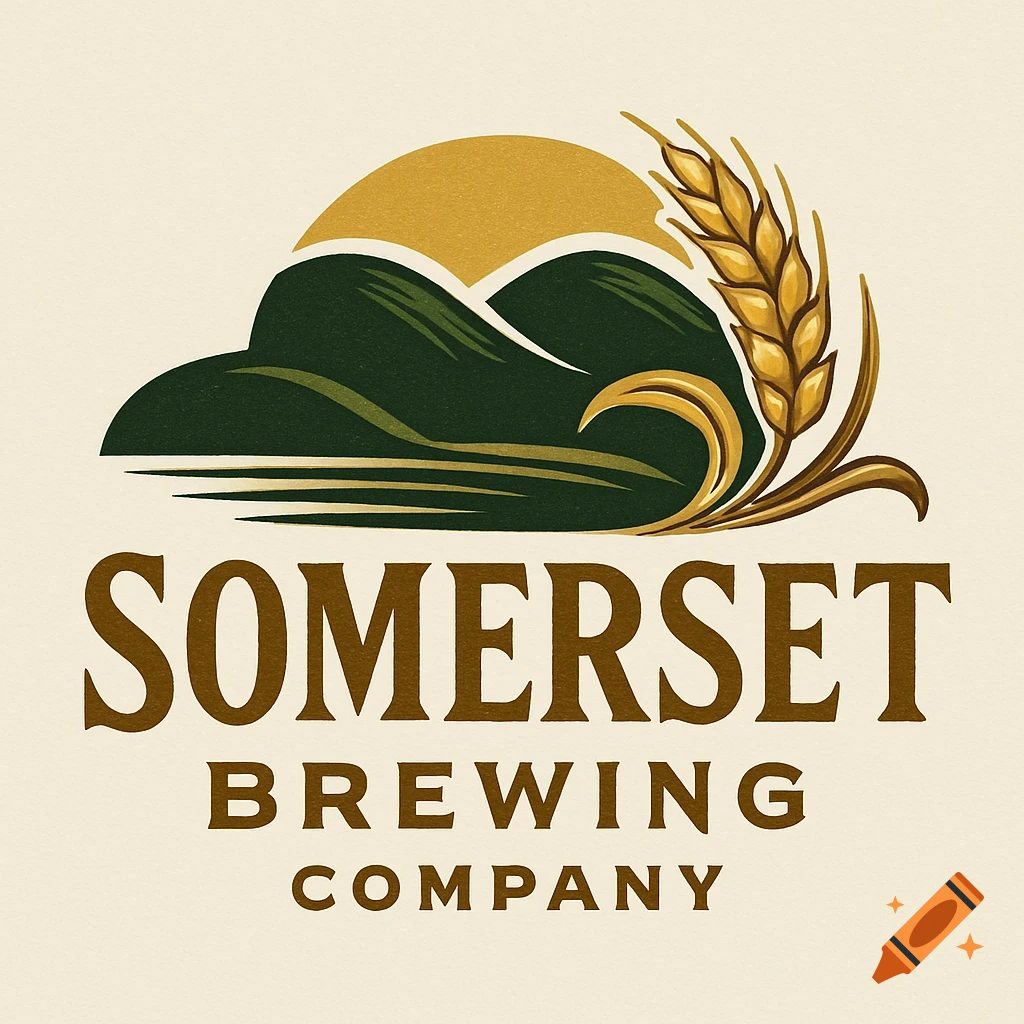 Logo for Somerset Brewing Company, featuring stylized green mountains, a golden sun, and a stalk of wheat on a cream background.