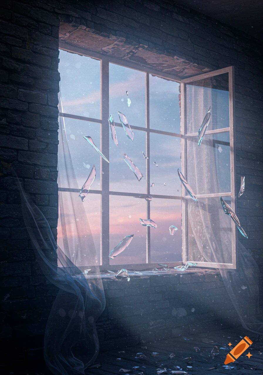 A shattered window in a dark room with glass shards floating in the air, light streaming through from a pastel sky.