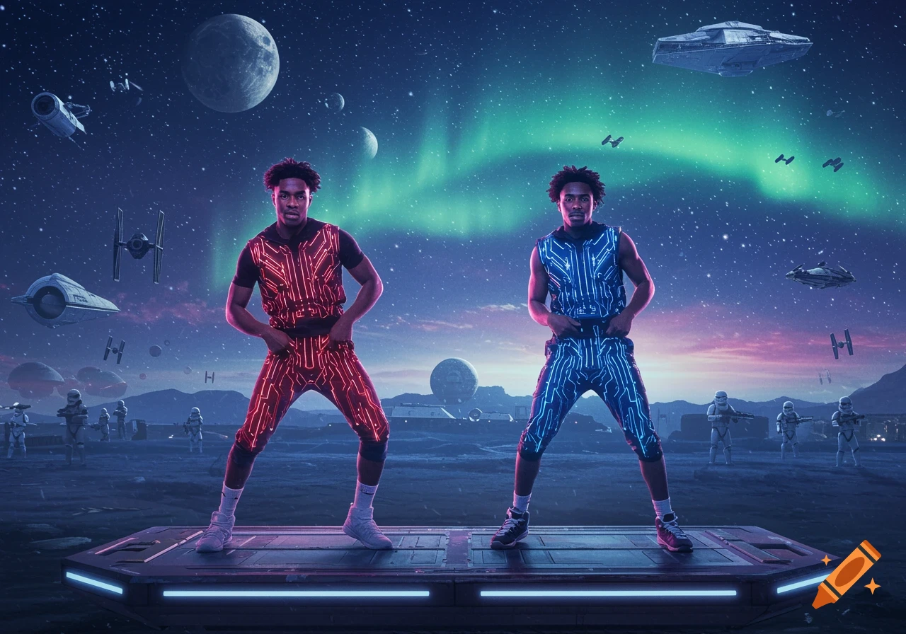 Two men in glowing circuit suits dance on a platform in a sci-fi landscape with planets, spaceships, stormtroopers, and aurora.