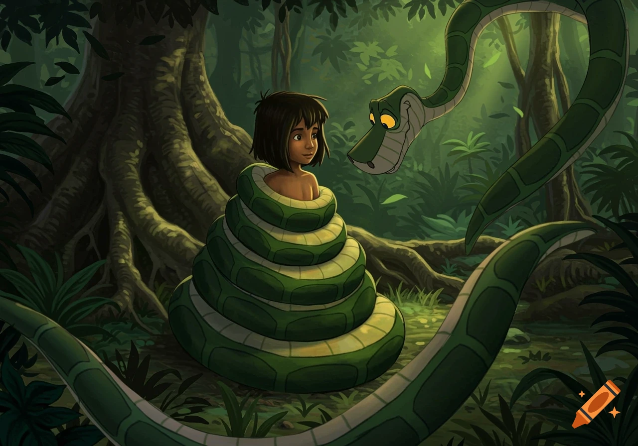 Mowgli is coiled by Kaa the snake in a dark, lush jungle, illustrated in an animated style.