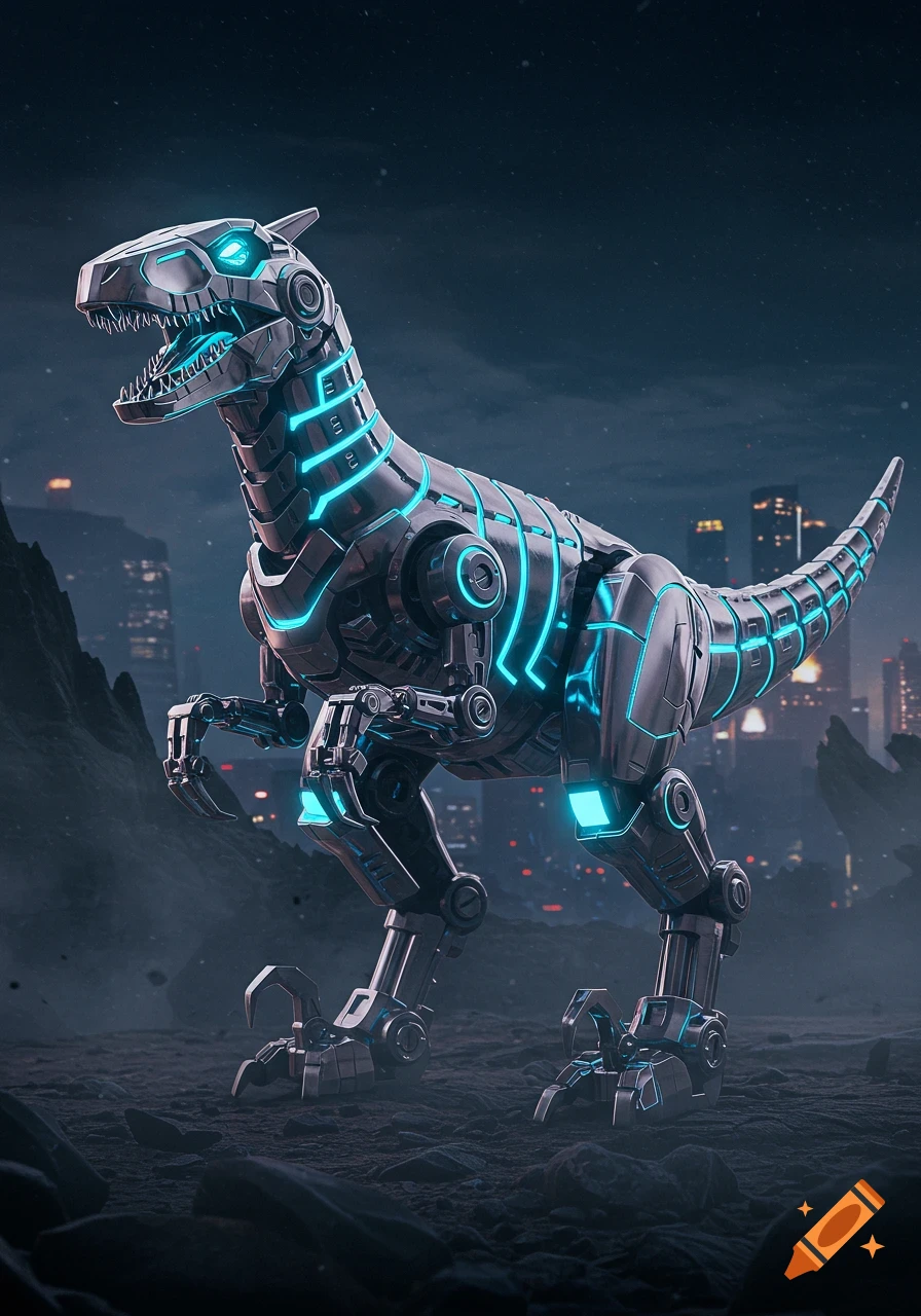A futuristic velociraptor mech with glowing blue lights stands in a rocky landscape with a city skyline in the background.