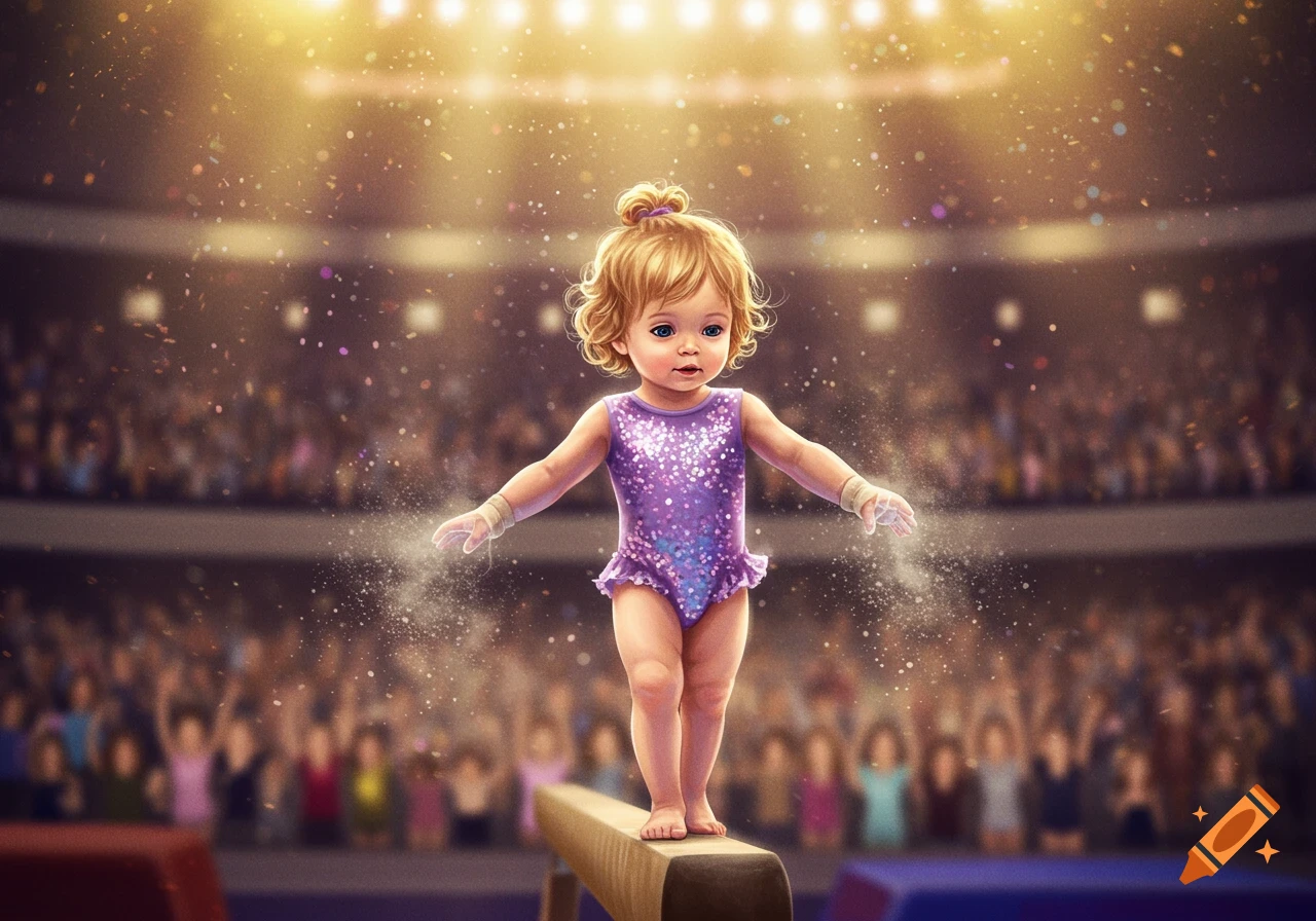 A cute toddler with blonde hair in a sparkling purple leotard balances on a beam in a brightly lit arena, with a cheering audience in the background. Illustration style.