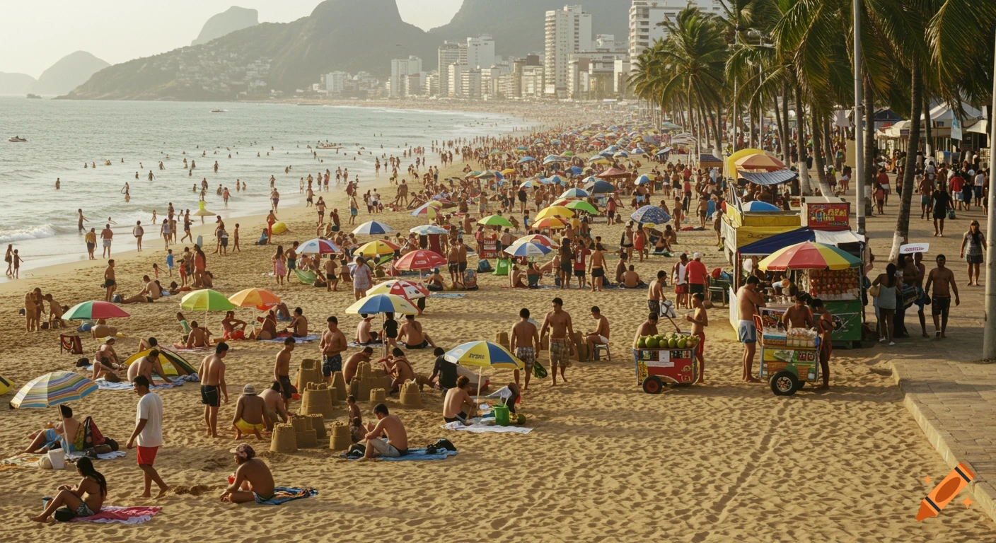 Photorealistic image of a crowded, sunlit Brazilian beach with people, colorful umbrellas, vendors, palm trees, and a distant city skyline.