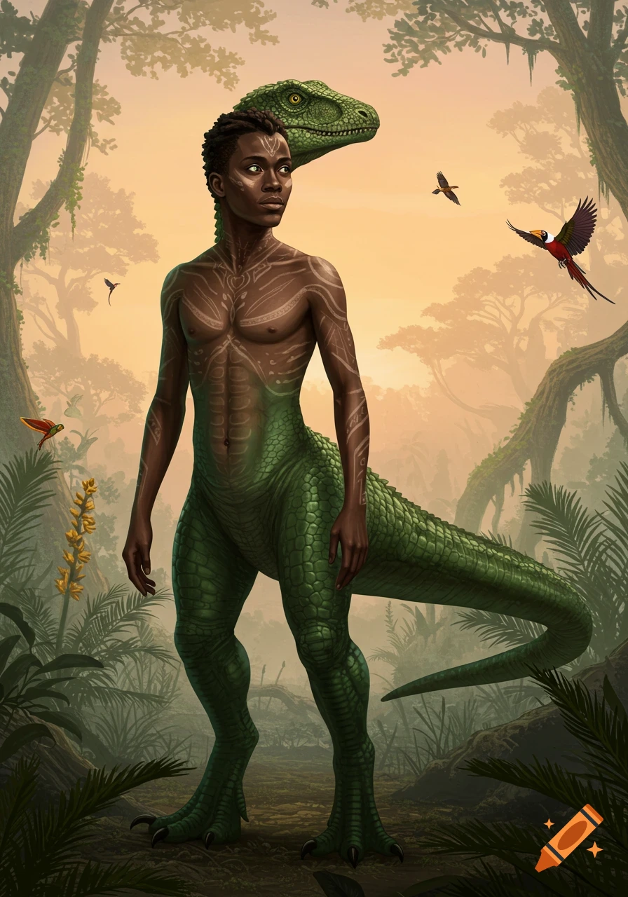 A dark-skinned human with a dinosaur head and a scaly green dinosaur body stands in a lush jungle.
