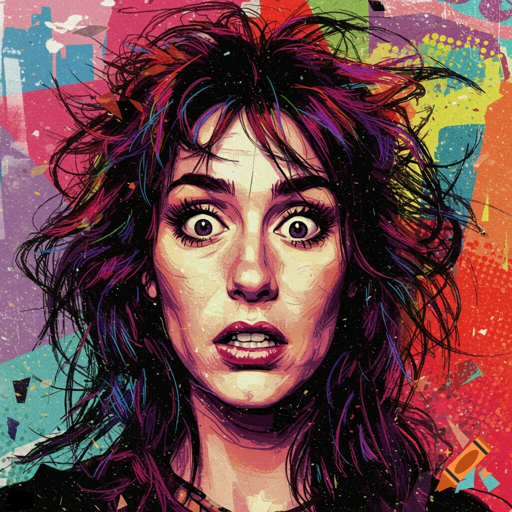 A colorful, pop art style illustration of a woman with wide eyes and wild, messy hair against an abstract background.