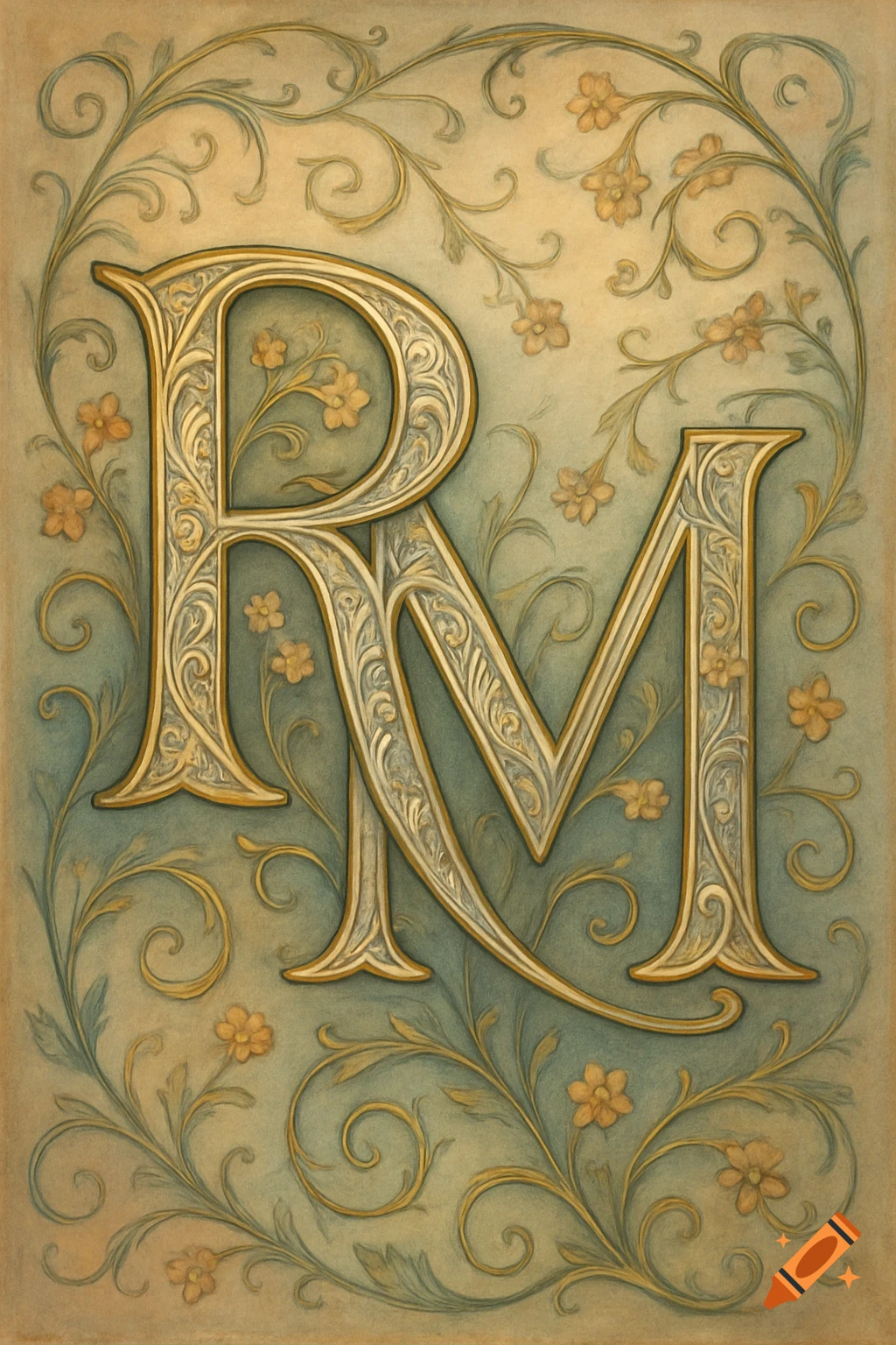 Ornate gold letters R and M intertwined with floral patterns on a teal and beige background, decorative art style.