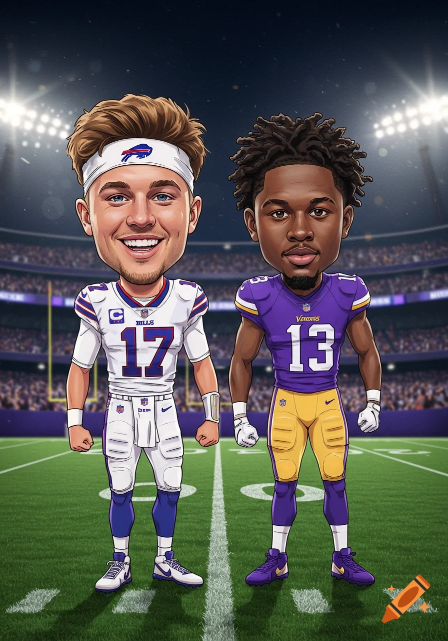 Cartoon caricatures of two football players in uniform on a stadium field. One wears a white Bills #17 jersey, the other a purple Vikings #13 jersey.
