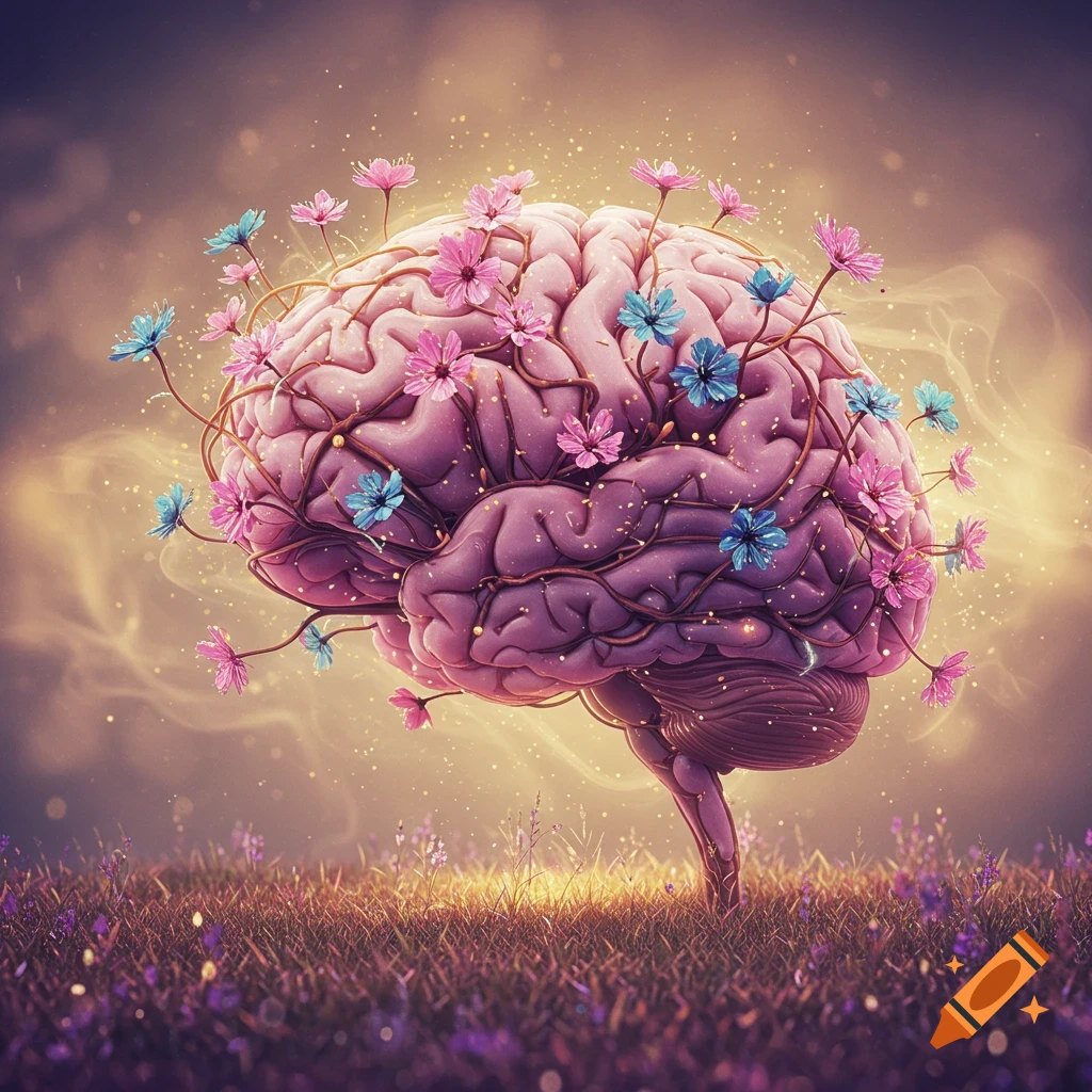 A vibrant, abstract illustration of a brain with neural pathways as branches, blooming with pink and blue flowers in a glowing field.