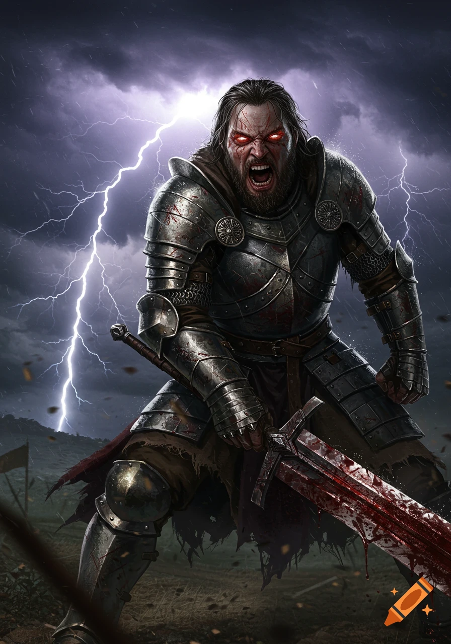 A furious armored warrior with glowing red eyes and a blood-stained sword stands in a stormy, lightning-filled landscape.