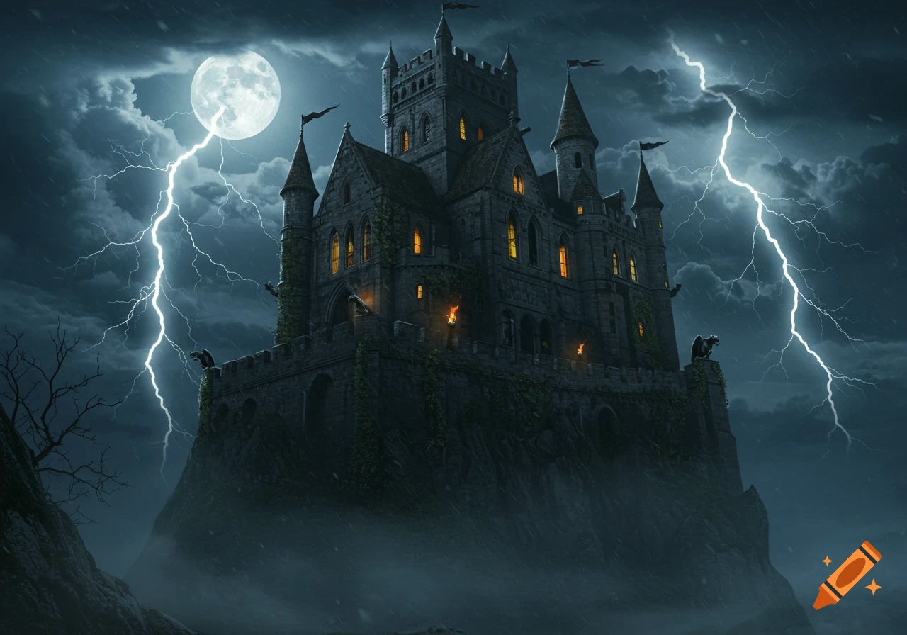 A dark, imposing gothic castle sits atop a misty cliff under a stormy night sky with a full moon and lightning.