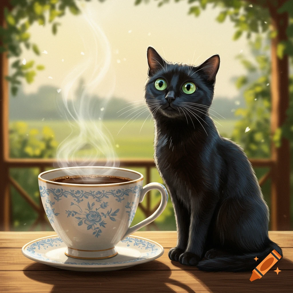 A cute black cat with green eyes sits next to a steaming cup of coffee on a wooden table, on a sunny balcony.