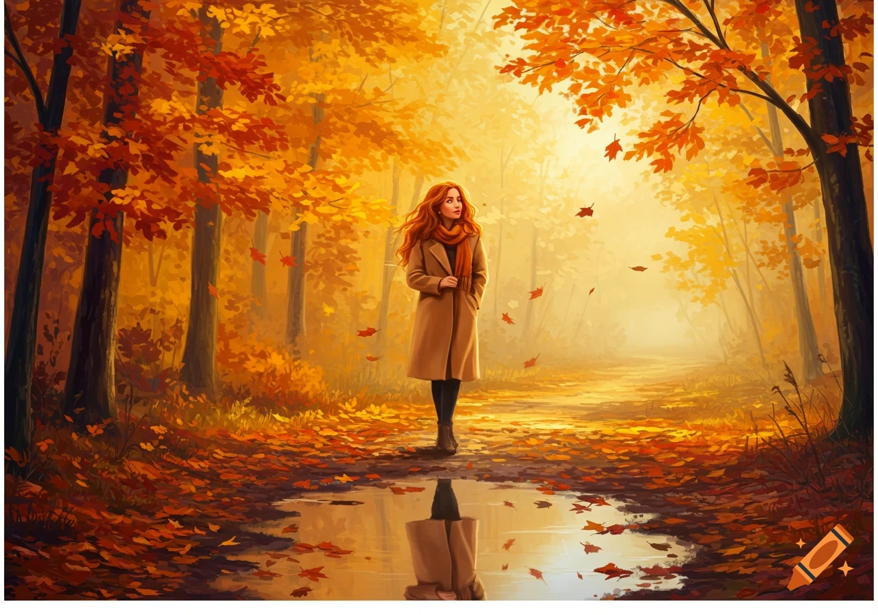 An illustration of a woman with red hair in a coat and scarf walking on a path through a vibrant autumn forest with colorful leaves, reflected in a puddle.