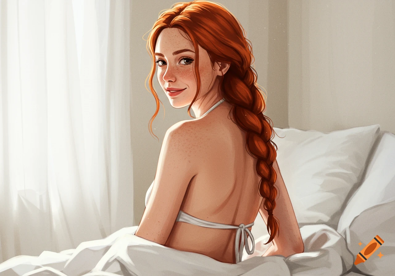 Digital illustration of a smiling redhead woman in a white bikini top, with a braided ponytail, sitting on a bed.
