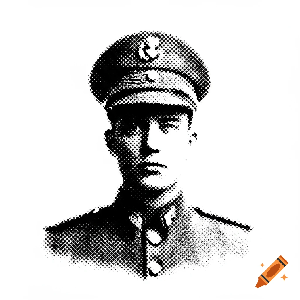 Black and white halftone illustration of a soldier in uniform and military hat.