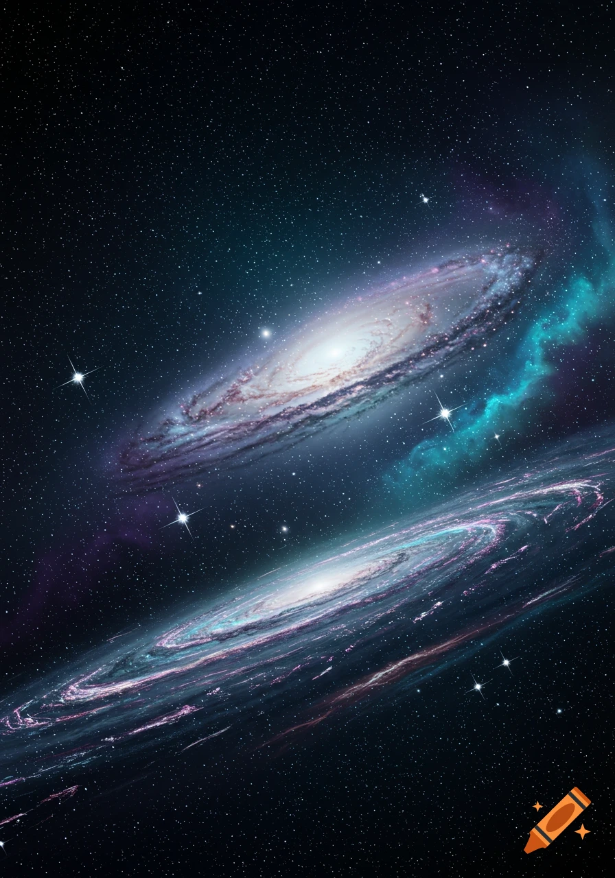 Two colorful spiral galaxies in deep space surrounded by stars and nebulae.