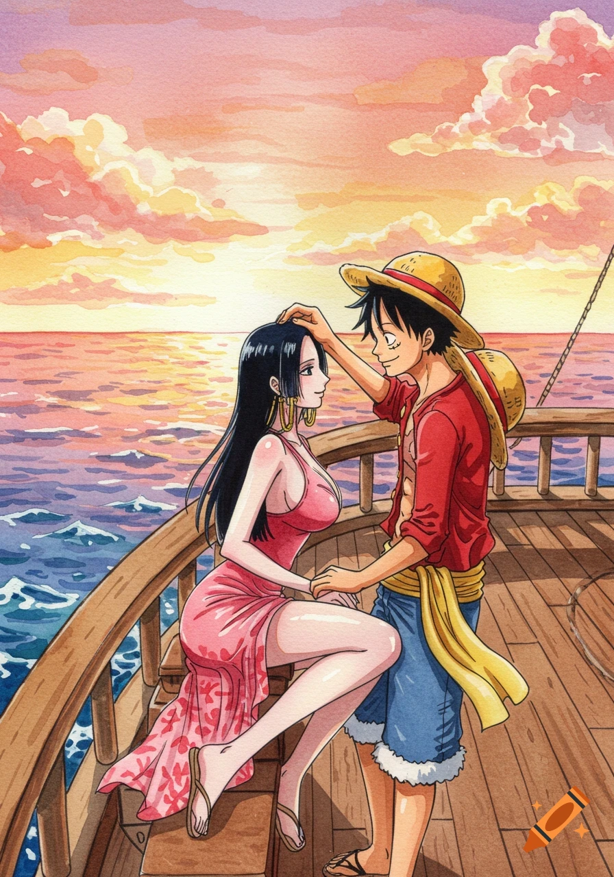 Luffy gently touches Hancock's head on a ship deck at sunset, in a watercolor anime style.