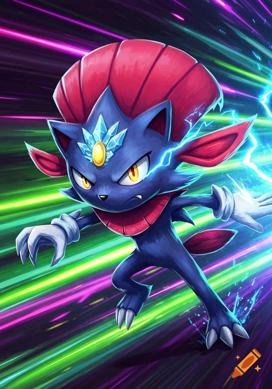 A blue, feline-like creature with red and black accents, a crystal on its head, and lightning bolts, stands in an energetic, colorful background.