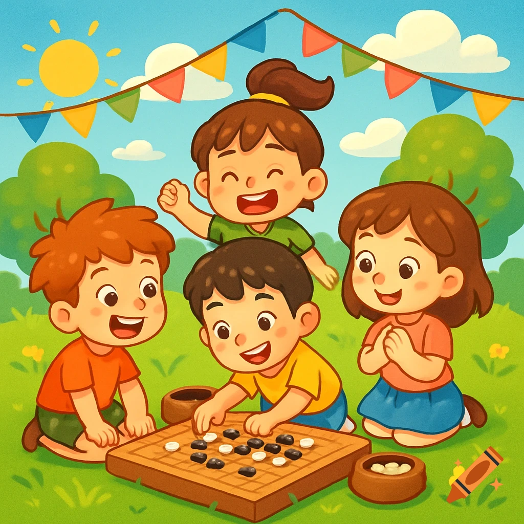 Four happy cartoon children play Go on a board game in a sunny park with colorful bunting.